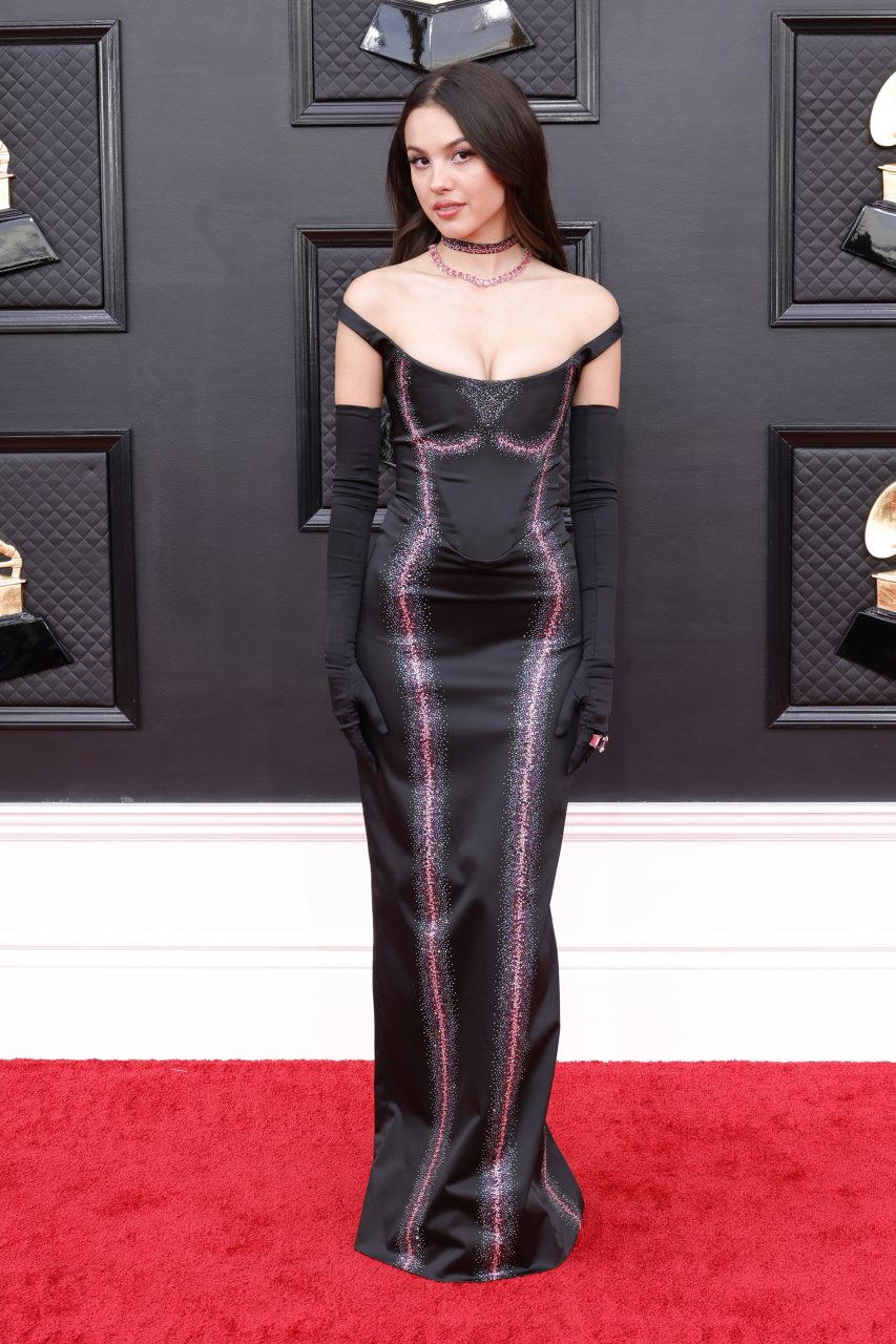 <strong>April 03, 2022</strong> Olivia Rodrigo attends the 64th Annual GRAMMY Awards at MGM Grand Garden Arena wearing Vivienne Westwood