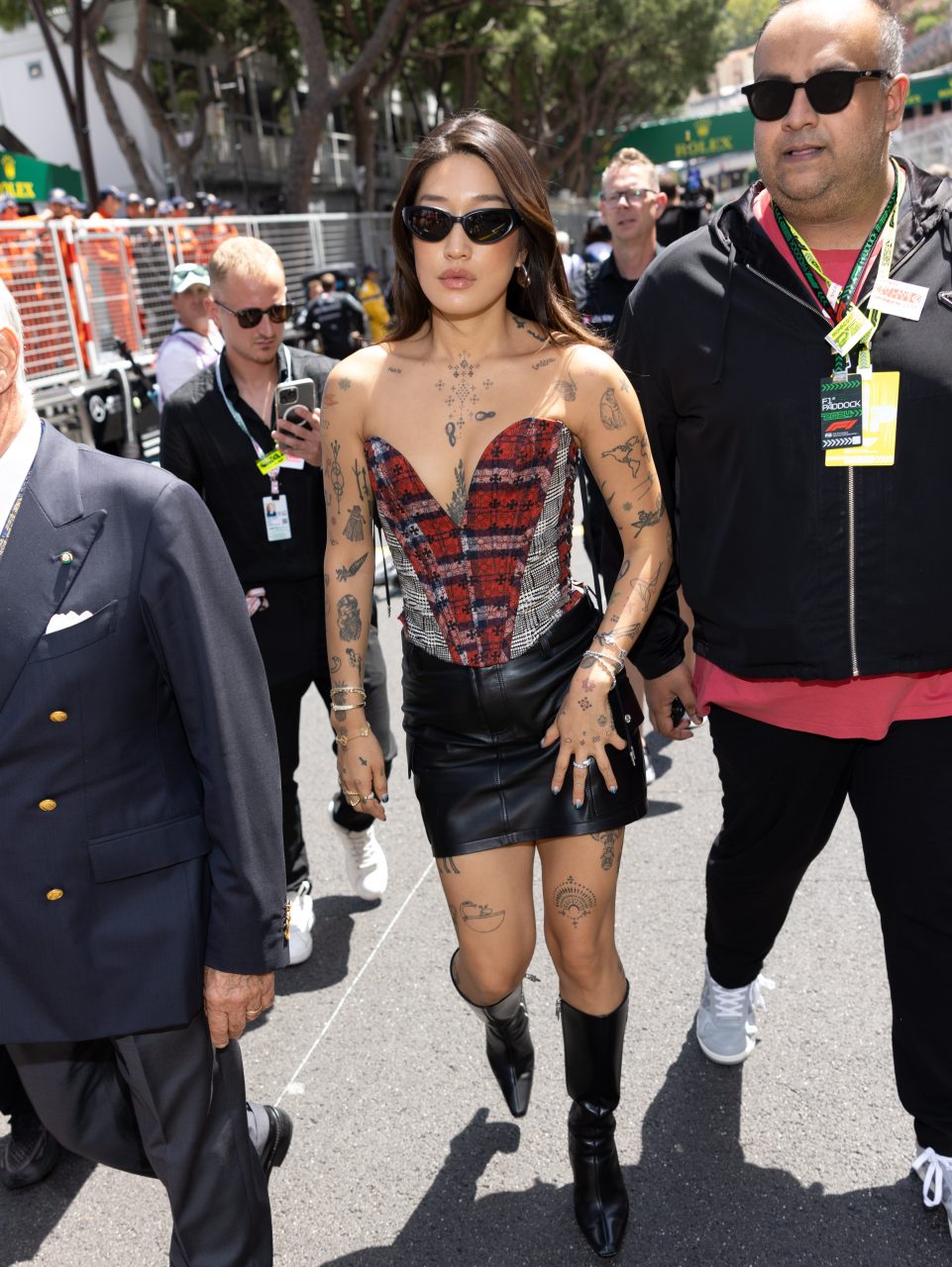 <strong> May 26, 2024</strong> wearing Chrome Hearts corset, skirt, and boots for the F1 Grand Prix of Monaco at Circuit de Monaco in Monte-Carlo.