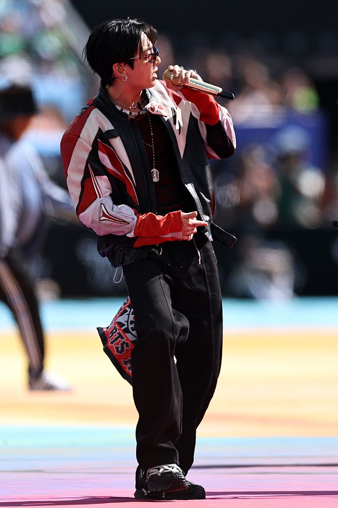 EAST RUTHERFORD, NEW JERSEY - JULY 19: Jung Kook of BTS performs during the FIFA World Cup 2026 Final match between Spain and Argentina at New York New Jersey Stadium on July 19, 2026 in East Rutherford, New Jersey. (Photo by Buda Mendes/Getty Images)