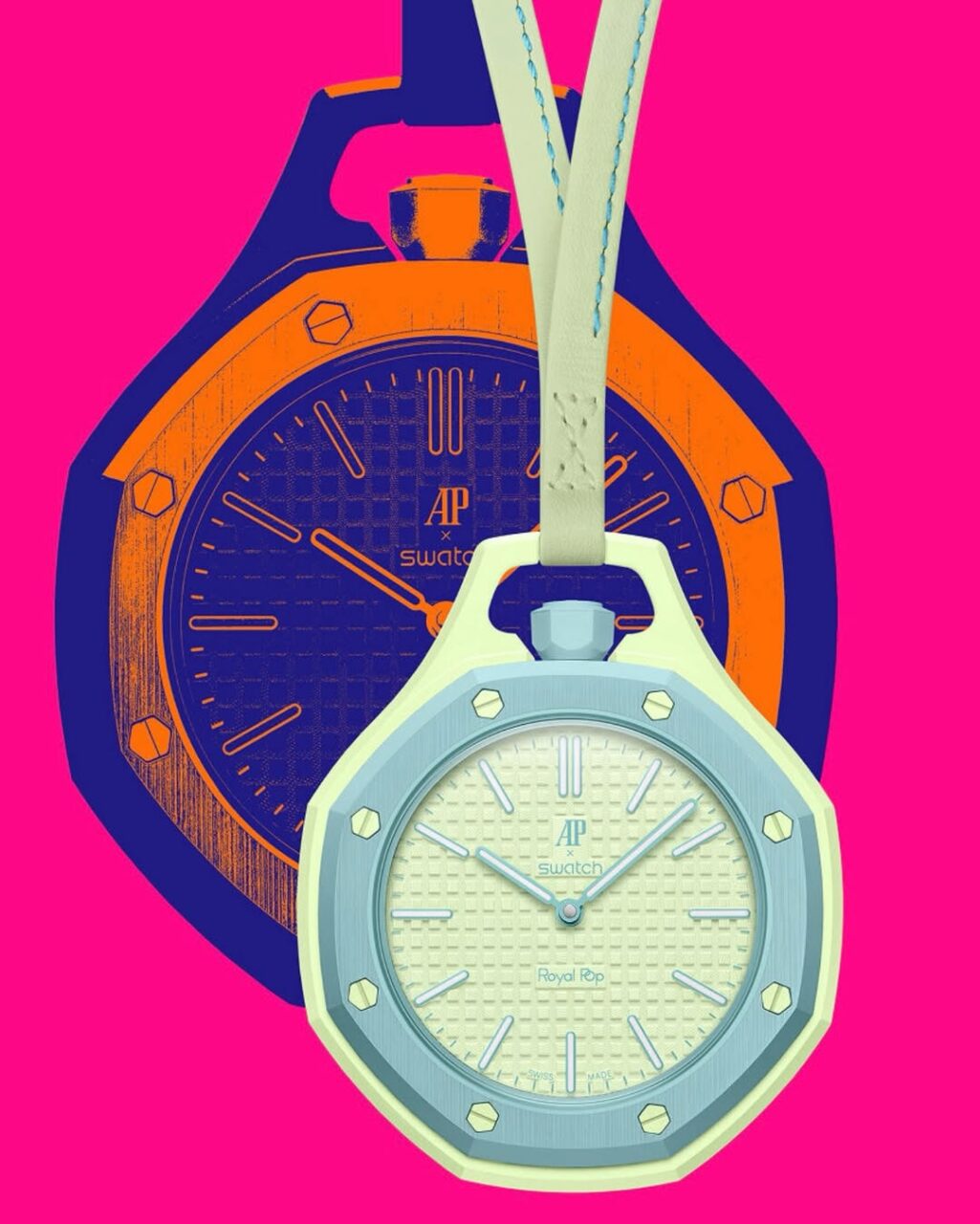 Swatch X Audemars Piguet聯乘Royal Pop系列懷錶登場！標誌性八角形錶圈、六角形螺絲、格紋錶盤細節一應俱全